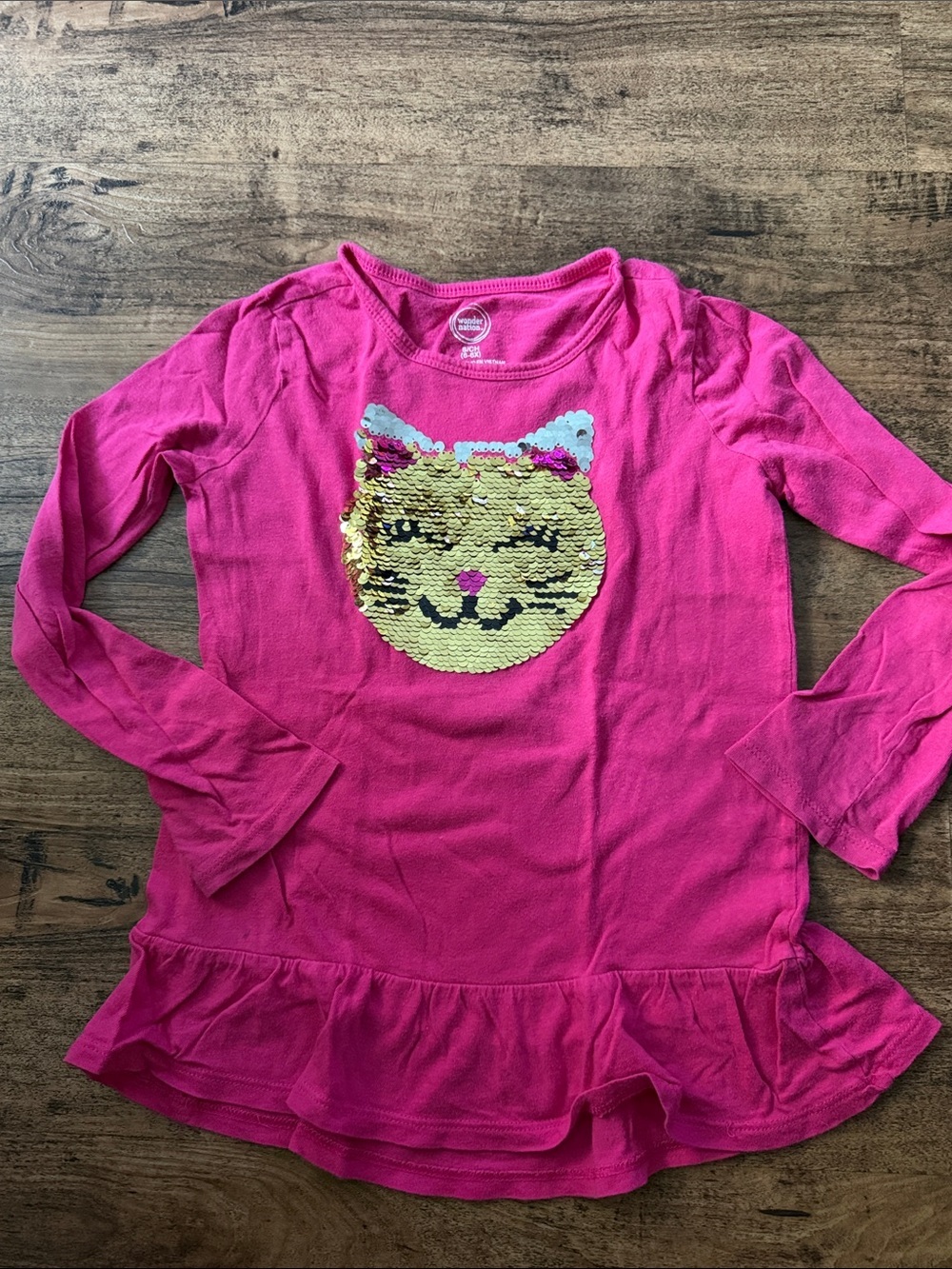 Girls' Hot Pink Long-Sleeve Sequin Kitty Ruffle Hem Top size small